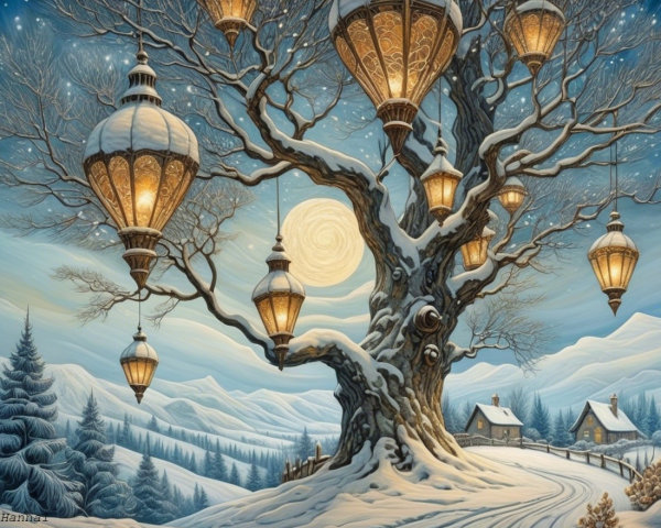 Bare tree with lanterns in a snowy landscape