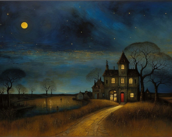 Moonlit Nighttime Landscape with Tranquil House