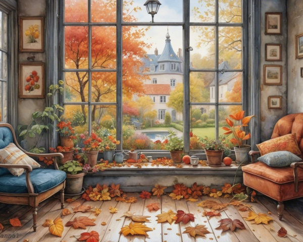 Cozy Room with Autumn Landscape and Inviting Decor