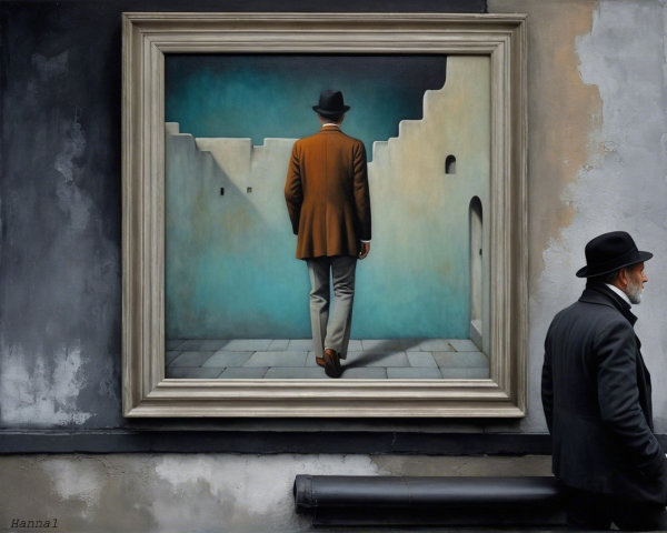 Man in Stylish Coat Beside Framed Painting of Landscape