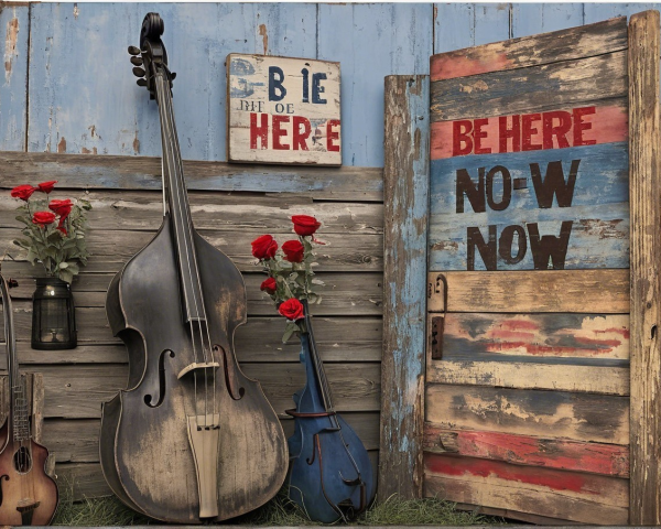 Rustic Scene with Vintage Instruments and Roses