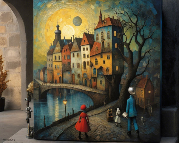 Whimsical Town with Colorful Houses and Bridge
