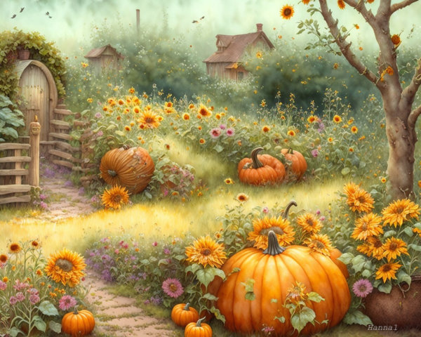 Serene Countryside Scene with Sunflowers and Cottages