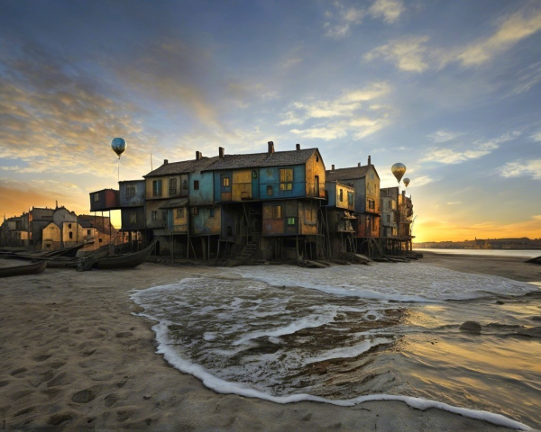 Colorful Wooden Houses on Stilts by Sandy Shore