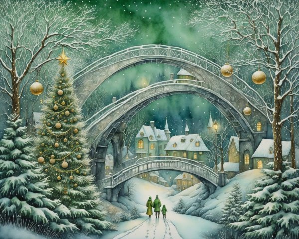 Watercolor Painting of a Winter Town at Night