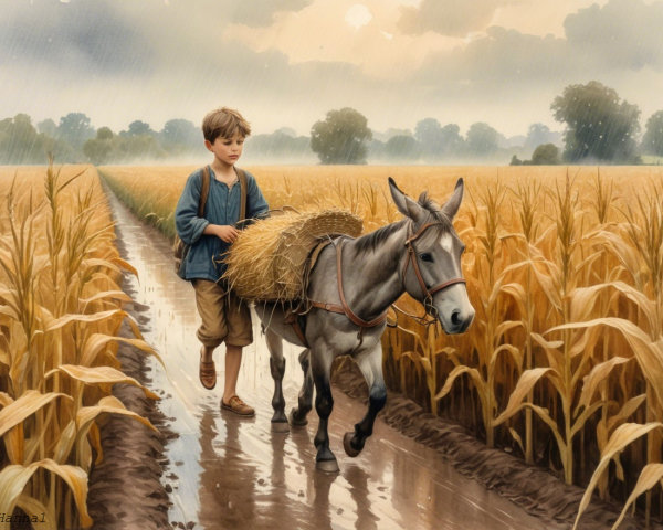Young boy and donkey in golden wheat field under rain
