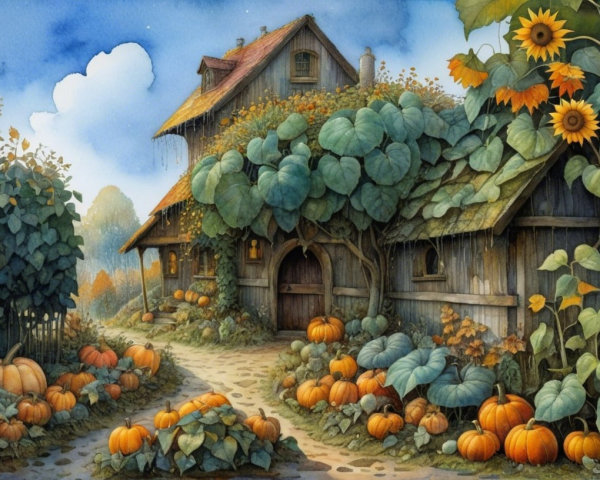 Rustic Countryside Scene with Vines and Sunflowers