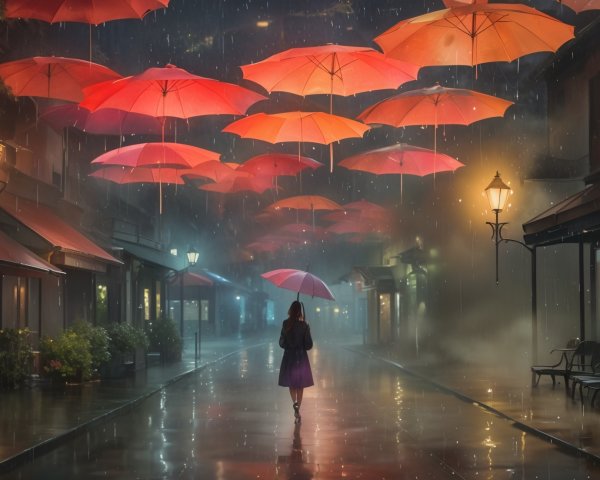 Rainy Street with Red Umbrellas and Soft Lighting