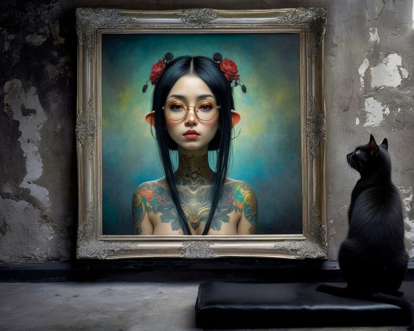 Black Cat Observes Ornate Portrait with Tattoos and Roses