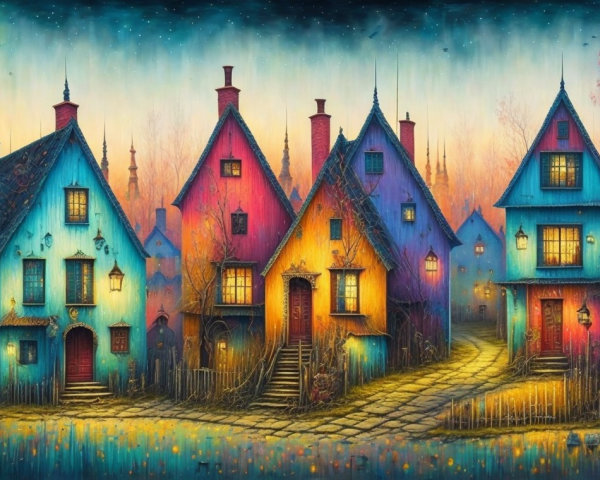 Whimsical Village Scene with Colorful Houses and Trees