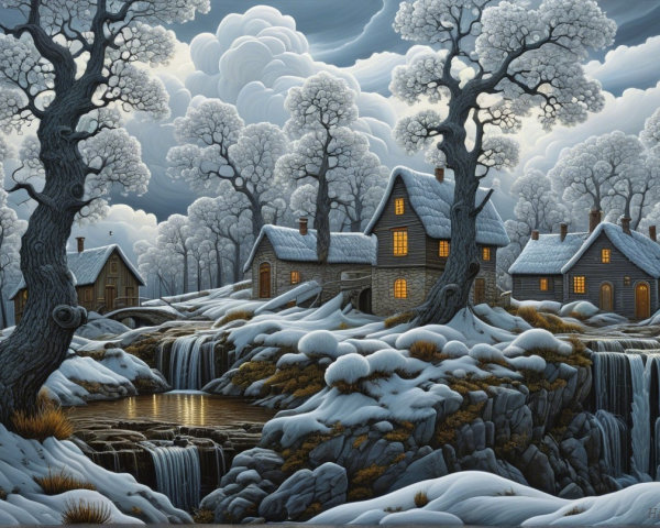 Winter Landscape with Cottages and Snowy Trees
