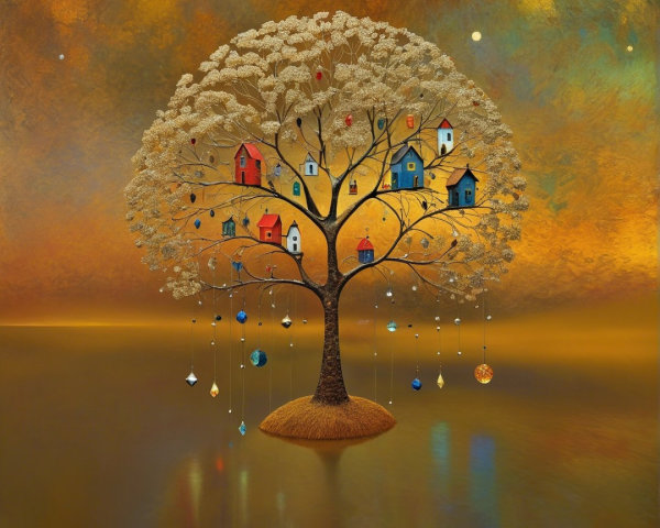 Whimsical Tree with Colorful Houses and Ornaments