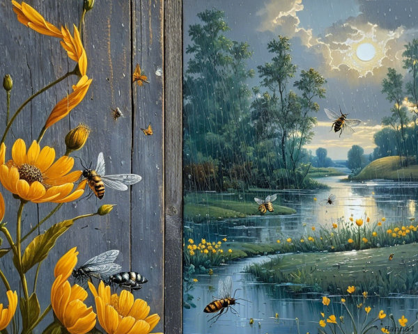 Serene Landscape with Flowers and River Scene
