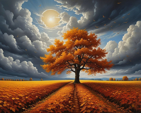 Solitary tree with orange leaves in autumn field