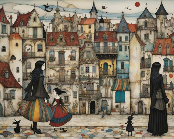 Colorful Village Scene with Unique Houses and Characters