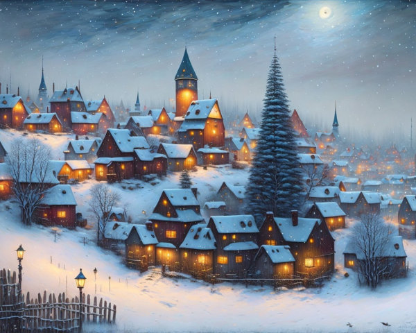 Winter Village Scene with Snowy Landscape and Moonlight