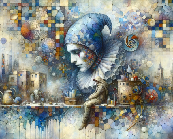 Surreal Artwork with Ethereal Figure and Geometric Patterns