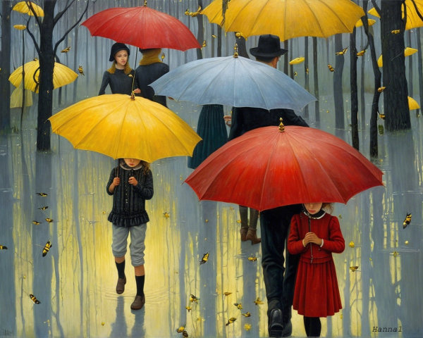 Whimsical Forest Scene with Colorful Umbrellas