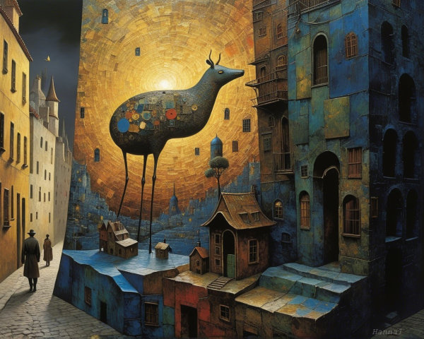 Surreal Abstract Deer in Colorful Cityscape Scene