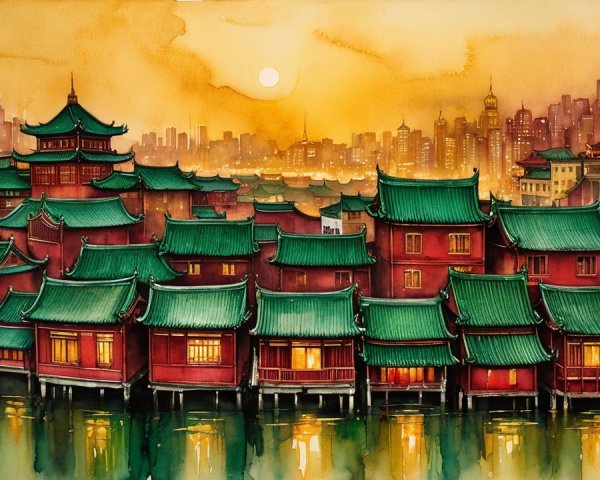 Watercolor Landscape of Asian Village and City Skyline
