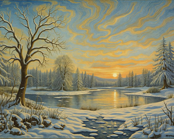 Serene Winter Landscape Painting at Sunset