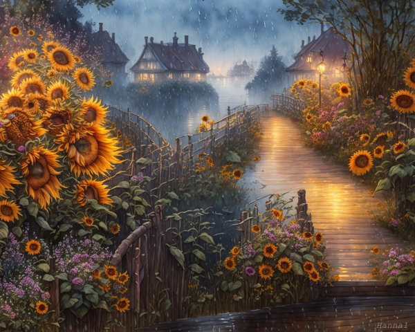 Rainy Village Scene with Cozy Cottages and Gardens