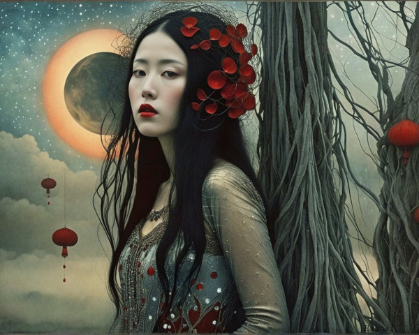 Ethereal figure in dreamlike landscape with lanterns