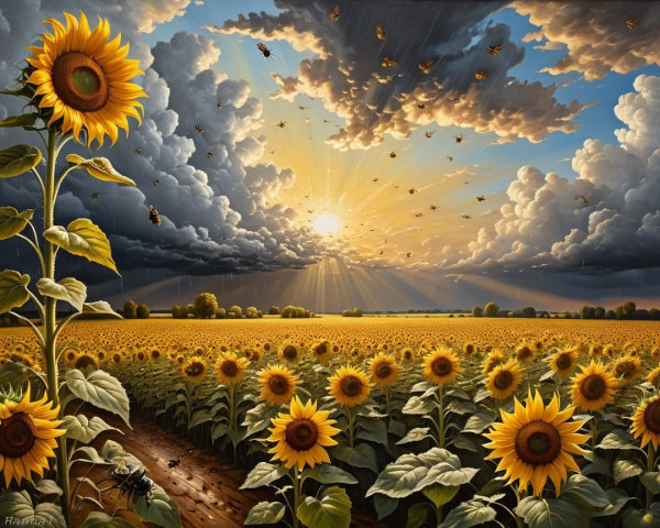 Sunflower Field Under Dramatic Sunset Sky
