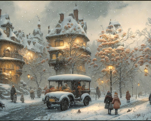 Charming Winter Scene with Snow and Festive Lights
