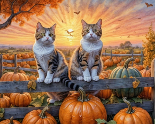 Cats on a Wooden Fence in an Autumn Landscape