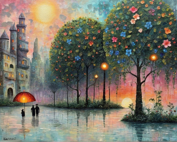 Vibrant Dreamlike Landscape with Whimsical Features