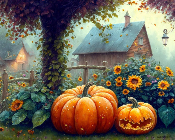 Autumn Scene with Pumpkins and Cozy House in Mist