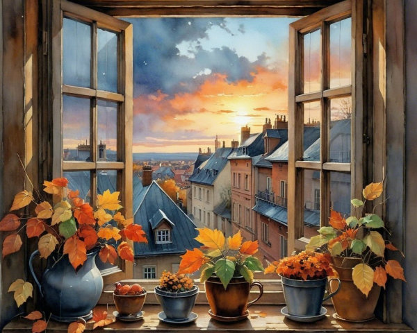 Cozy Window View of Autumn Sunset Over Town