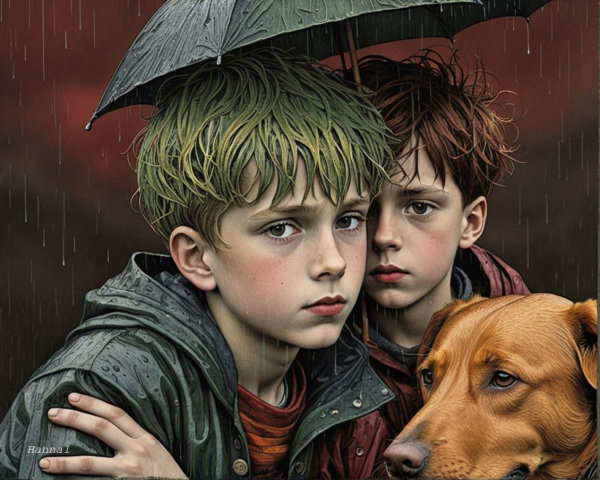 Boys with Colorful Hair Under Umbrella in Rainy Scene