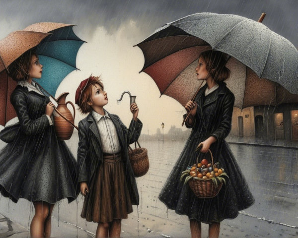 Girls with umbrellas in the rain on a nostalgic street