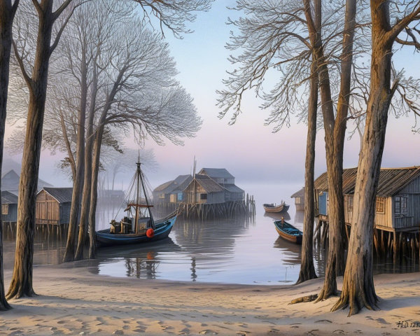 Serene Waterfront Scene with Wooden Houses and Boats