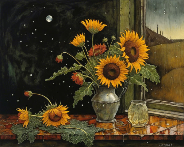 Still Life with Sunflowers and Starry Night View