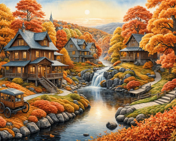 Autumn Landscape with Wooden Houses and Waterfall