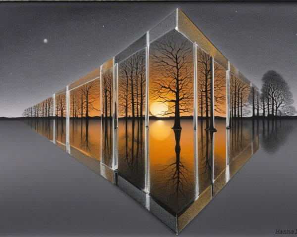 Surreal Landscape with Mirrored Structure and Sunset