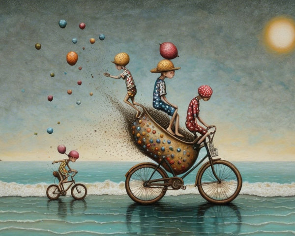 Children Riding Bicycles by the Beach in Colorful Outfits
