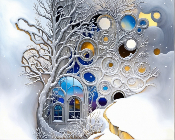 Enchanted Winter Treehouse in Detailed Digital Painting
