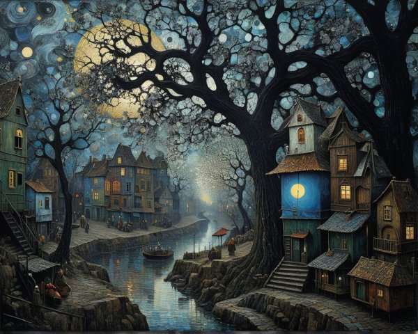 Whimsical Nighttime Scene of a Serene Canal Village