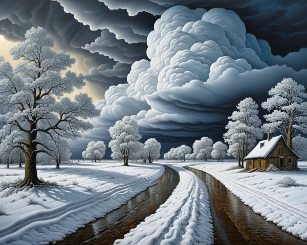 Winter Landscape with Dirt Road and Cabin Scene