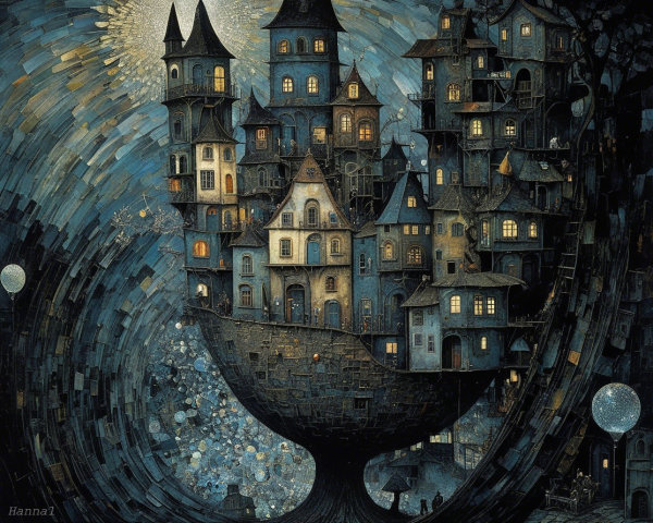 Whimsical Landscape with Fantastical Houses and Stars