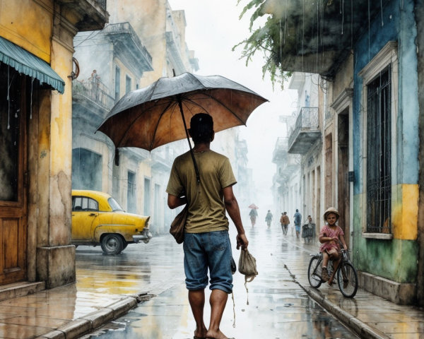 Lone Figure on Rainy Street with Vintage Buildings