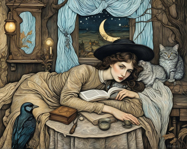 Young Woman Reading in Moonlit Bedroom with Cat