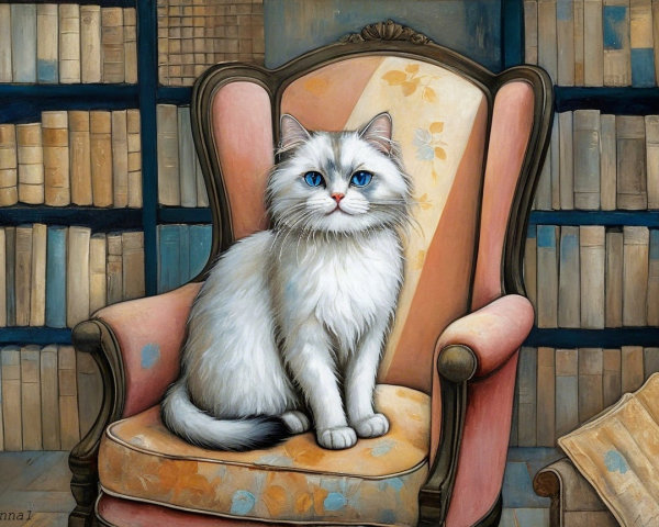 Fluffy White Cat on Vintage Floral Armchair