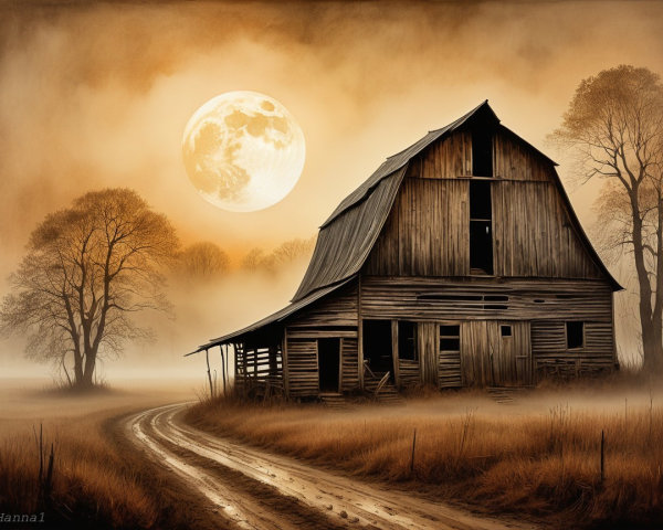 Weathered Barn in Foggy Landscape Under Full Moon