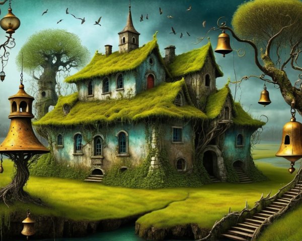 Whimsical Overgrown House in a Surreal Landscape