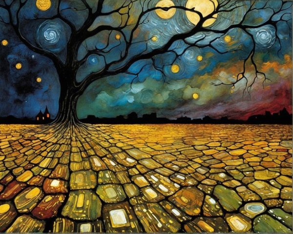 Night Sky with Celestial Orbs Over Cobblestone Landscape